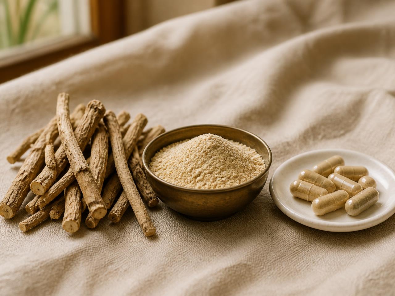 Dried ashwagandha roots, a bowl of root powder and capsules side by side