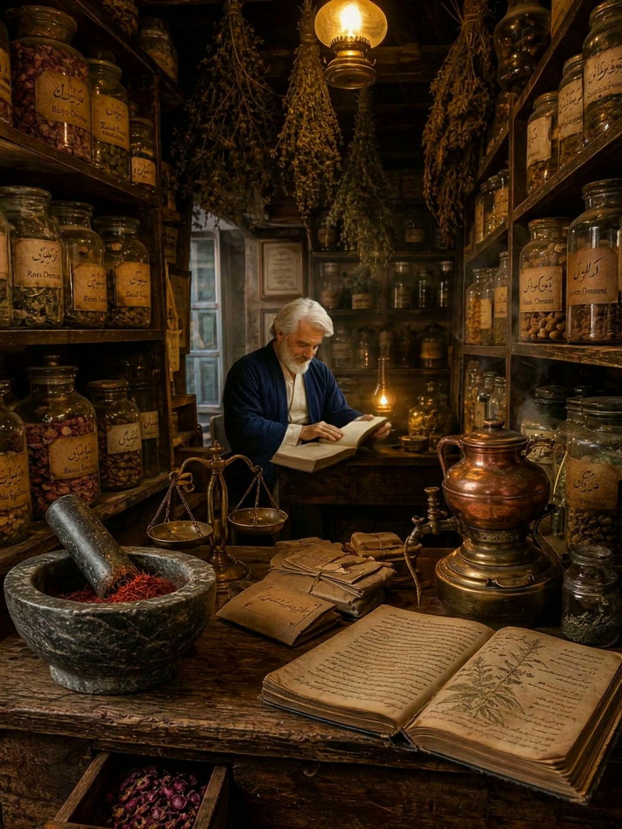 Hakim reading at his table in the Attari — an open manuscript, a stone mortar of saffron, brass scales, and shelves of labelled herb jars behind him