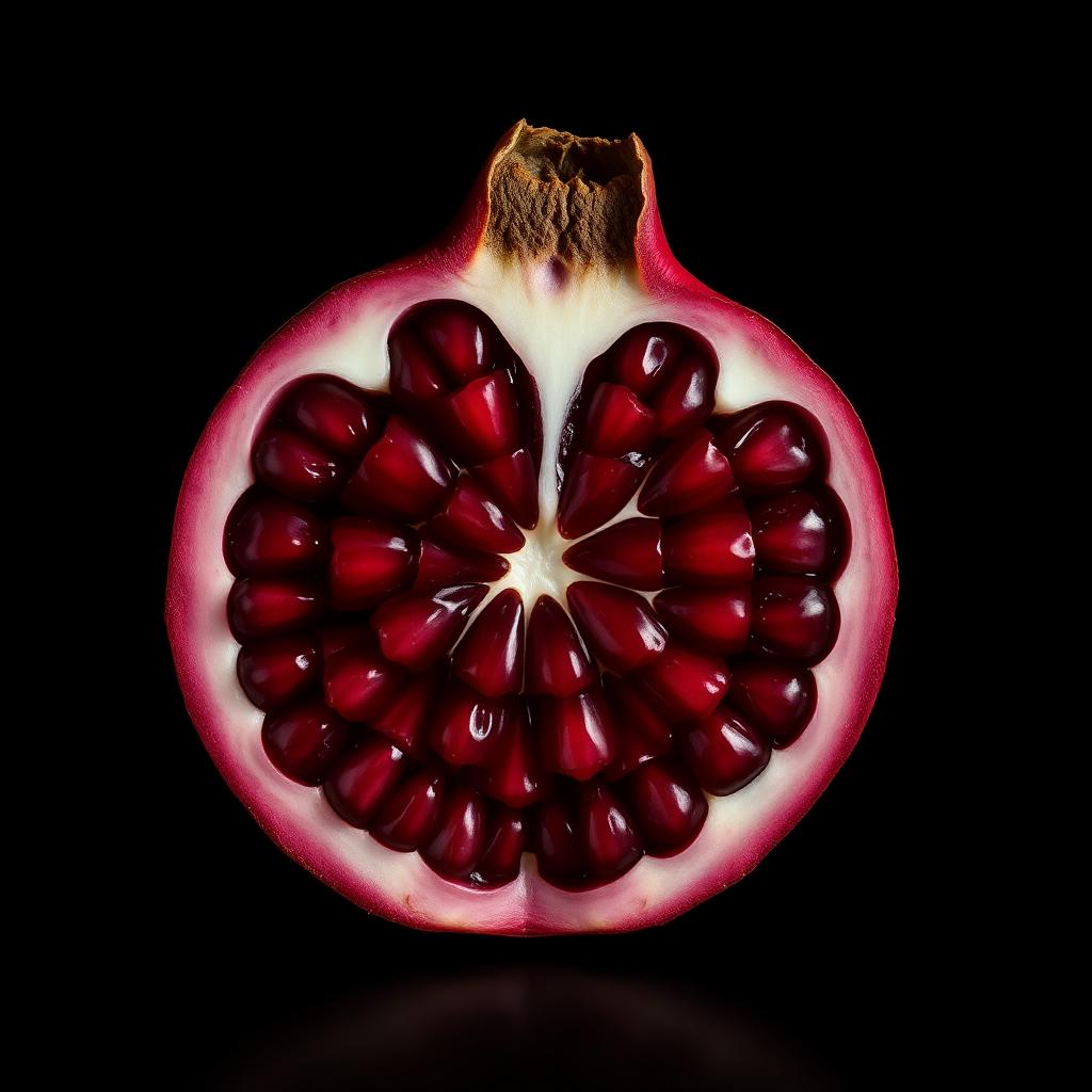 A pomegranate cut open, showing chambers of deep red arils