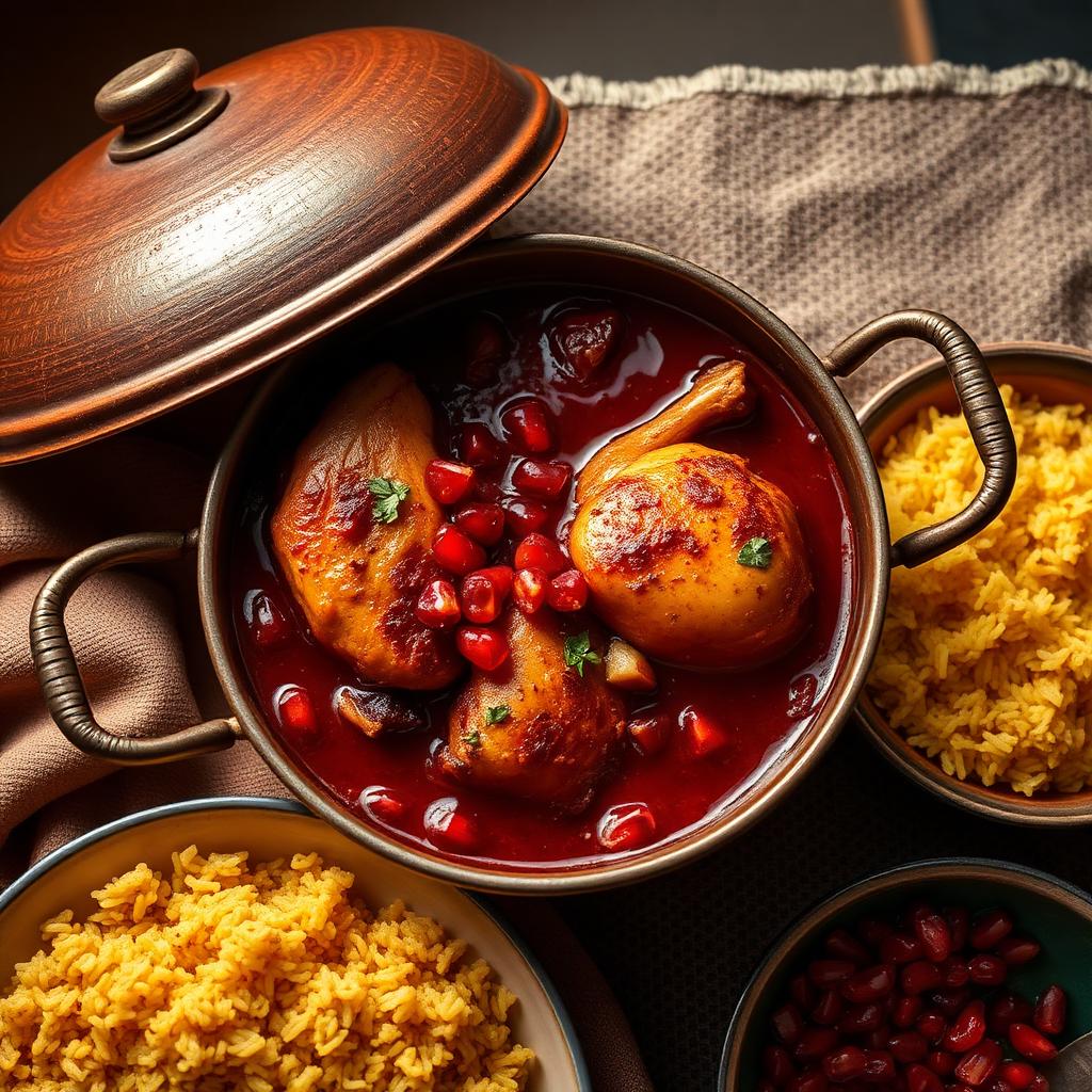 A pot of fesenjan, the dark Persian stew of ground walnuts and pomegranate molasses