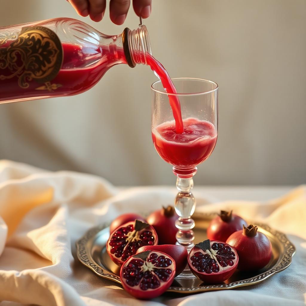 Freshly pressed pomegranate juice in a glass beside opened fruit
