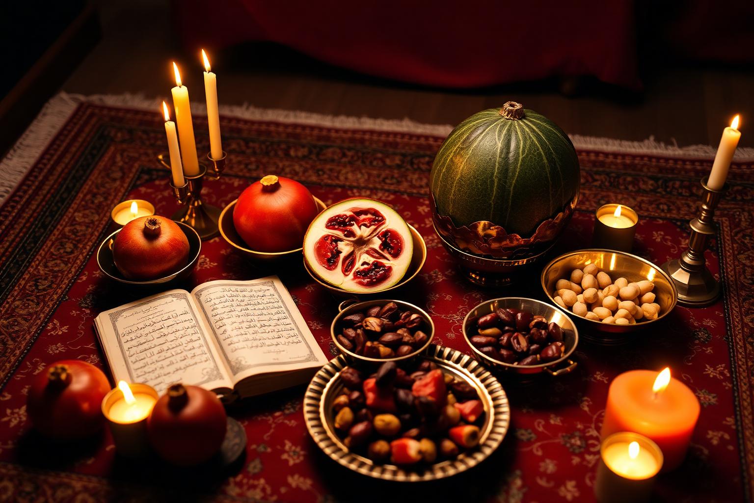 A Shab-e Yalda table with pomegranates, watermelon, nuts and candles